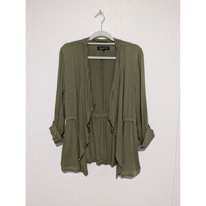 Stoosh Women's Jacket Topper M Olive Green Pockets Cinched Waist Roll Tab Sleeve